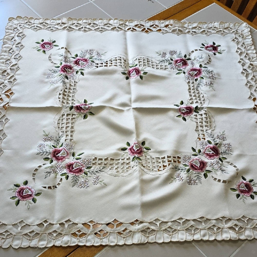 Cream Tablecloth with Pink Floral Embroidery